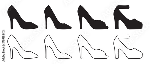Women's high heel shoes icon set. with various styles and outlines.