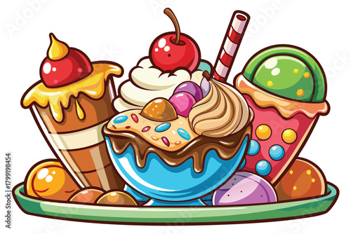 Cartoon sundaes and candies arranged on a green platter create a delightful sweet treat presentation