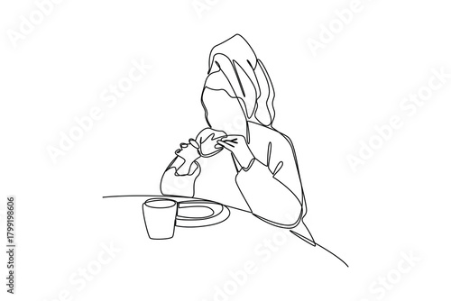 Simple continuous line draw of morning activity, woman having breakfast. All about morning activity minimalist concept, simple line, creativity designer. Vector, Designer.