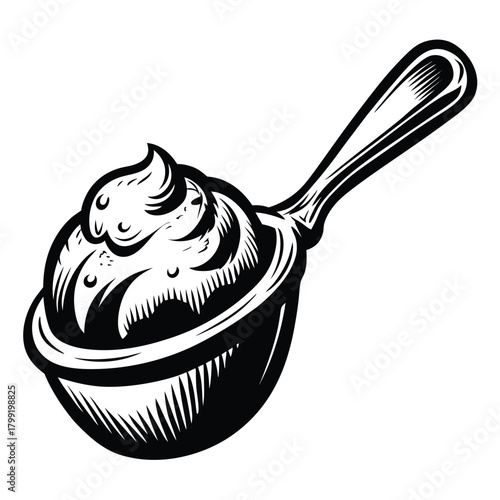 depiction shows a full spoonful of creamy dairy dessert in black and white