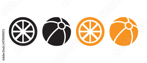 Orange slice and beach ball icons, black and orange vector set.