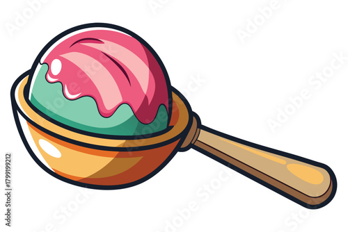 A delightful cartoon maraca features a pink and mint ball seated on a light brown base