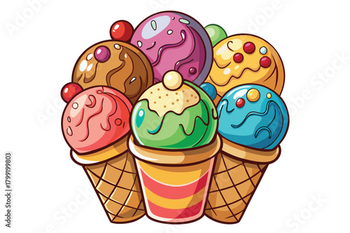 Cartoon ice cream illustration featuring multiple flavored scoops with cones and colorful toppings appear appealing