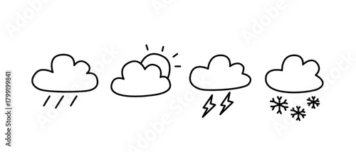 Cloud rain sun thunder snow cloud weather icons drawn in sketch style, cheerful simple set showing varied forecast and mood