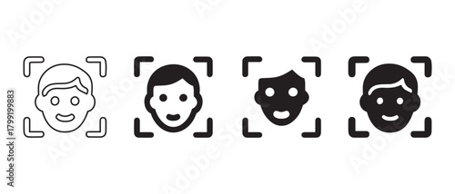 Facial recognition identification scan system icons set concept.