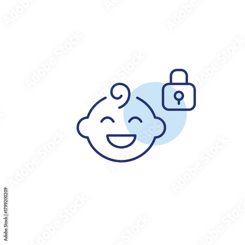 Happy baby boy and lock. Child safety, parental control. Pixel perfect, editable stroke vector icon