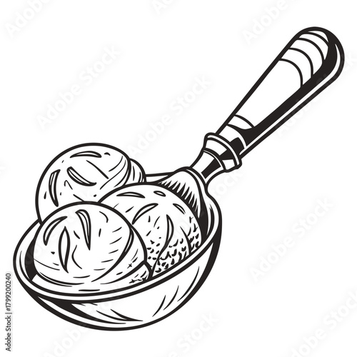 Black and white line art shows ice cream in a scoop, appearing delicious