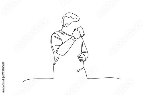 Simple continuous line draw of a man drinking a cup of tea. All about morning activity minimalist concept, simple line, creativity designer. Vector, Designer.