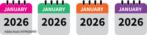 JANUARY 2026 calendar in four different colors. 2026 JANUARY calendar icon set in colorful . JANUARY month flat calender icon set isolated on white background