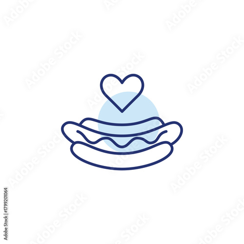 Tasty hot dog in a bun and heart. Great taste, comfort food and unhealthy dinner. Customer favorite. Pixel perfect, editable stroke vector icon
