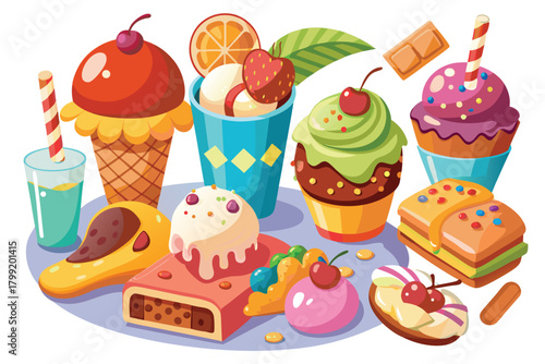 Various stylized desserts are displayed together, showcasing ice cream, cupcakes, and cakes, inviting sweet indulgences