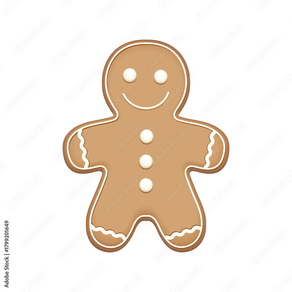 Obraz premium Gingerbread man cookie with frosting and buttons. Cute gingerbread man smiling vector illustration. Realistic gingerbread man cookie icon. 