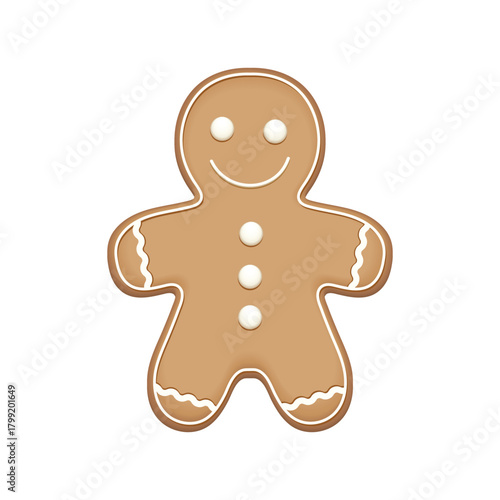 Gingerbread man cookie with frosting and buttons. Cute gingerbread man smiling vector illustration. Realistic gingerbread man cookie icon.  
