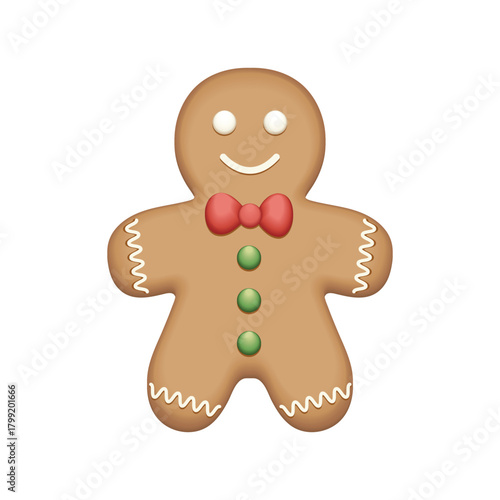 Gingerbread man cookie with frosting and buttons. Cute gingerbread man smiling vector illustration. Realistic gingerbread man cookie icon.  