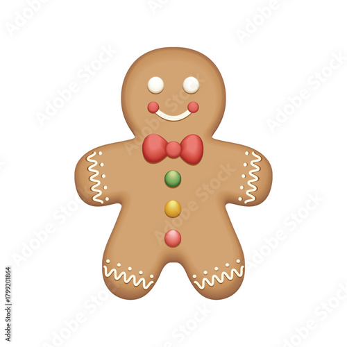 Gingerbread man cookie with frosting and buttons. Cute gingerbread man smiling vector illustration. Realistic gingerbread man cookie icon.  