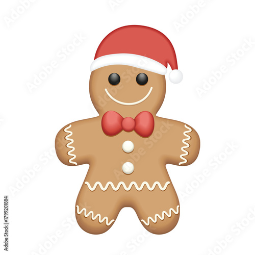 Gingerbread man cookie with frosting and buttons. Cute gingerbread man smiling vector illustration. Realistic gingerbread man cookie icon.  