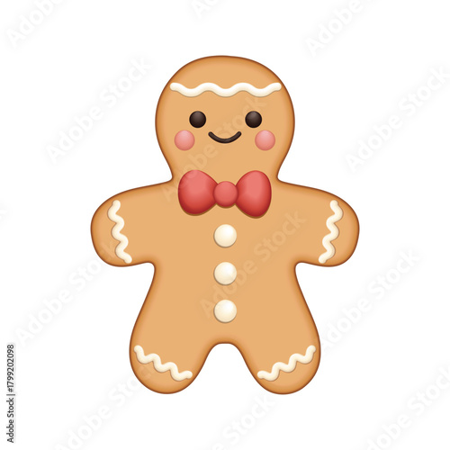 Gingerbread man cookie with frosting and buttons. Cute gingerbread man smiling vector illustration. Realistic gingerbread man cookie icon.  