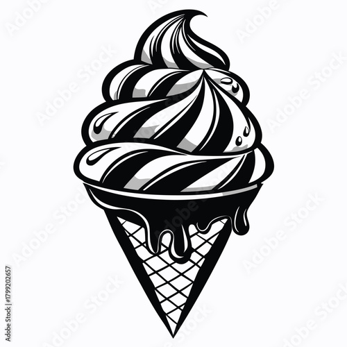 Striking monochrome ice cream cone with a swirling top and chocolate drips looks delicious
