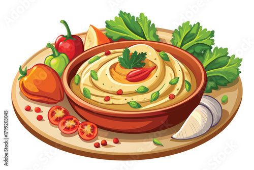Artistic bowl of creamy dip with colorful peppers and leafy garnish on wooden surface