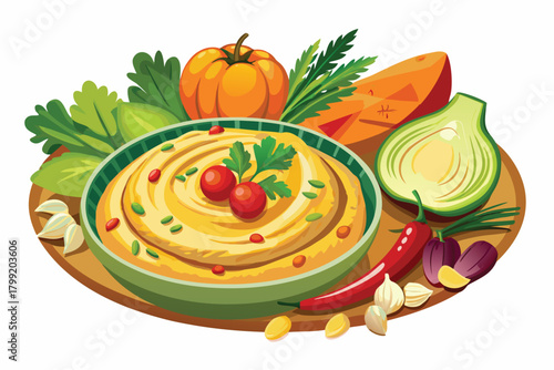 Appetizing hummus bowl surrounded by healthy vegetables creates a vibrant culinary display on a plate