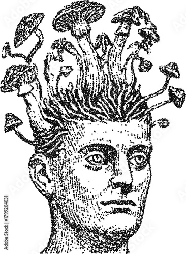 Surreal stipple vector portrait of man with mushroom hair, psychedelic vintage engraving style for occult poster or album cover design
