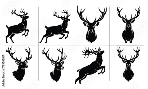 Collection of Majestic Stag and Deer Silhouettes in Various Poses and Angles