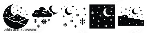 snowy night sky vector design with black silhouette and white background