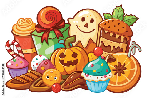 A cartoonish Halloween feast features sweets, pastries, gift, candies, and a festive pumpkin illustration
