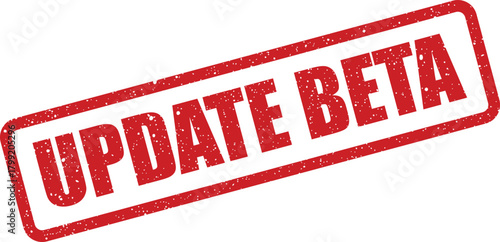 Grungy rectangular rubber stamp with UPDATE BETA text, indicating a software testing phase or new development version