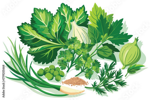 Fresh green herbs and spice assortment are beautifully displayed together for culinary use