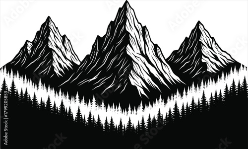 Striking black and white vector illustration of majestic mountain peaks towering over a dense pine forest, embodying outdoor adventure and nature's grandeur