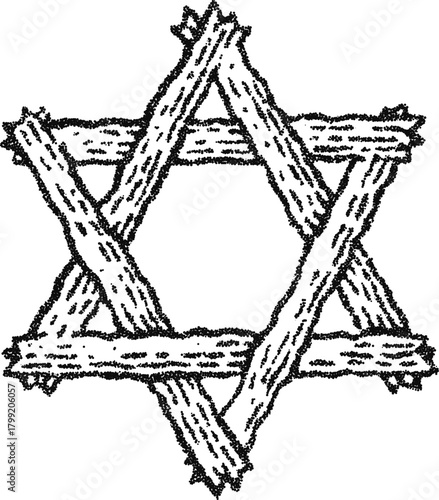 Stipple vector six point star built from rustic wooden branch, occult folk craft symbol for talisman, decor or logo
