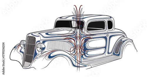 Classic car illustration chrome finish custom design isolated