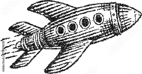 Retro stipple vector rocket spaceship illustration, vintage space travel icon for sci fi poster, kid apparel or logo
