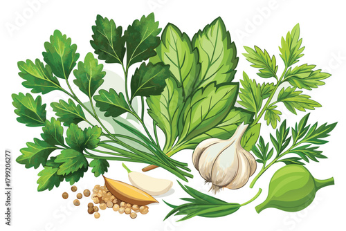 Fresh herbs and garlic with aromatic seeds create a delightful culinary arrangement of flavor