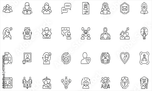 Collection of Diverse People and Social Interaction Outline Icons for User Interface Design