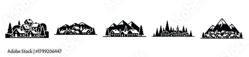 winter village vector design with black silhouette and white background