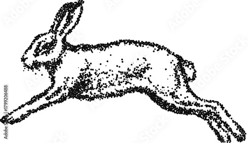 Stipple vector leaping hare side view, dynamic rabbit motion engraving for folklore emblem, spring festival or tattoo art
