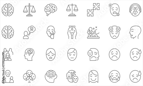 Collection of Emotions and Mental Health Icons representing psychology, feelings, and human expression