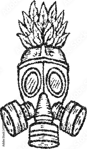 Stipple vector gasmask with leaf crown, eco apocalypse concept engraving for climate protest graphic or dystopian tattoo art
