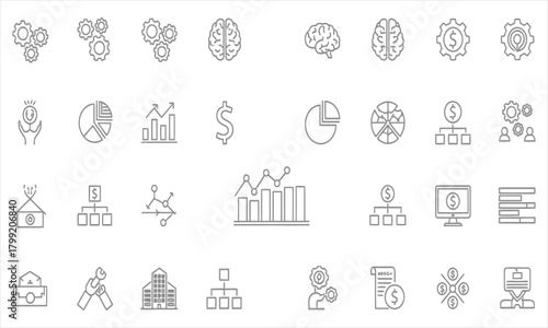Comprehensive collection of minimalist outline icons representing key business concepts, financial growth, data analysis, and strategic thinking for modern digital projects
