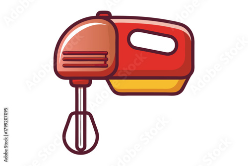 A red hand mixer is displayed on a clean, bright, and white background