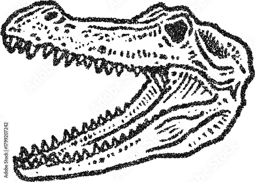 Stipple vector dinosaur skull illustration, fierce fossil head engraving for paleontology poster, horror artwork or tattoo design