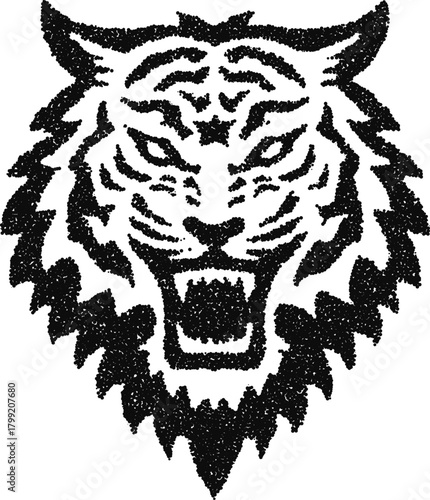Angry tiger face stipple vector illustration, stylized wild cat head for biker patch, streetwear print or logo
