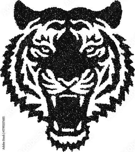 Roaring tiger head front view stipple vector, detailed wild cat illustration for vintage tattoo, label or streetwear logo

