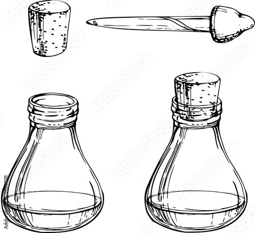 Glass vial bottle filled with liquid essential oil, cork stopper, dropper pipette. Single object isolated illustration hand drawn in vector ink. Natural skincare, perfume sampling, aromatherapy