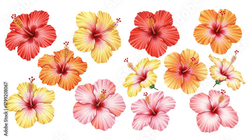 A beautiful collection of watercolor hibiscus flowers in shades of red, orange, and yellow, arranged in rows on a transparent background.