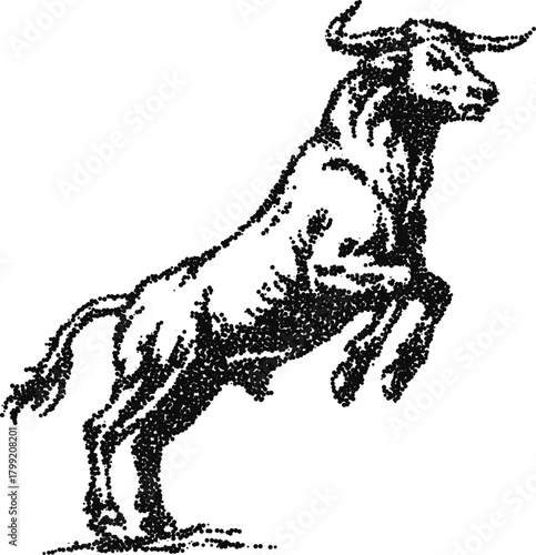 Raging bull in attack pose stipple vector, powerful charging animal illustration for financial market logo, steakhouse or tattoo
