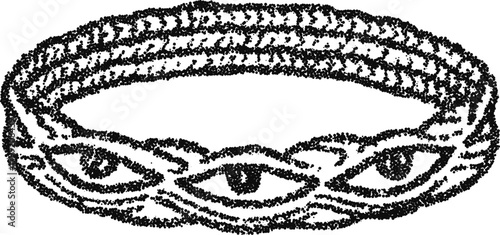 Mystic eye ring stipple vector, occult woven bracelet with multiple eyes for esoteric talisman, tattoo or logo design
