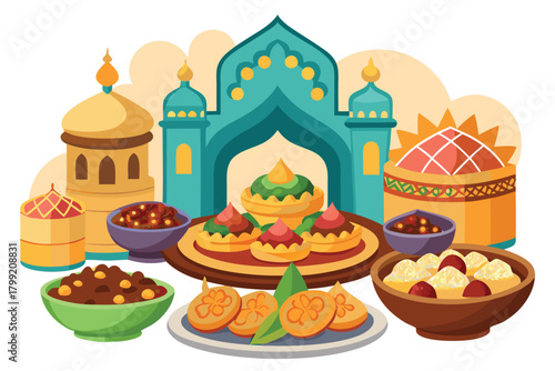 An alluring display shows festive buildings paired beautifully with delicious traditional foods for a celebration